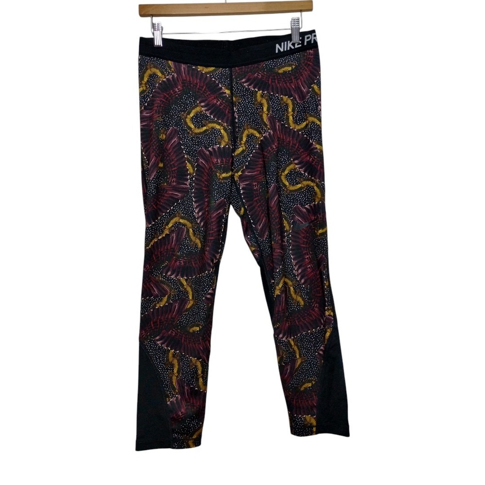Nike Dri Fit Pro Tropical Leaf Floral Women's L Black‎ Red Leggings Yoga Workout